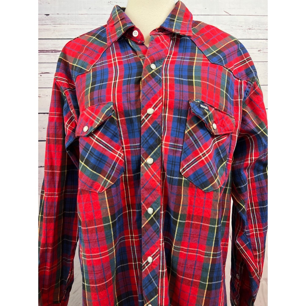 Wrangler‎ Western Pearl Snap Shirt Mens 18 35 Red Blue Plaid Long Sleeve Cowboy